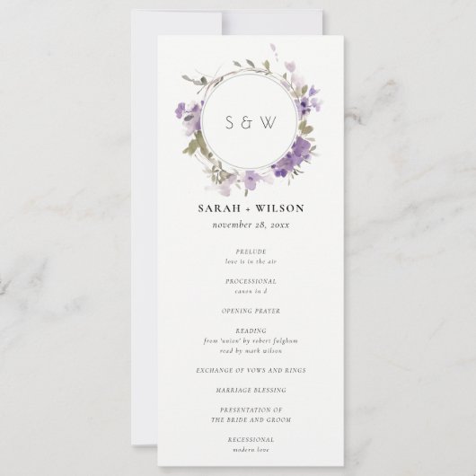 Chic Meadow Lilac Floral Wreath Wedding Programme  (Devant)