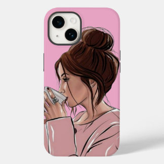 Chic Meisje met Rommelige Knot Drinkt Koffie Paste Case-Mate iPhone 14 Hoesje