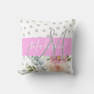 Chic & Meisjesachtig Bloem Wit Roze Grijs Monogram Kussen
