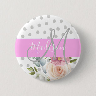 Chic & Meisjesachtig Bloem Wit Roze Grijs Monogram Ronde Button 5,7 Cm