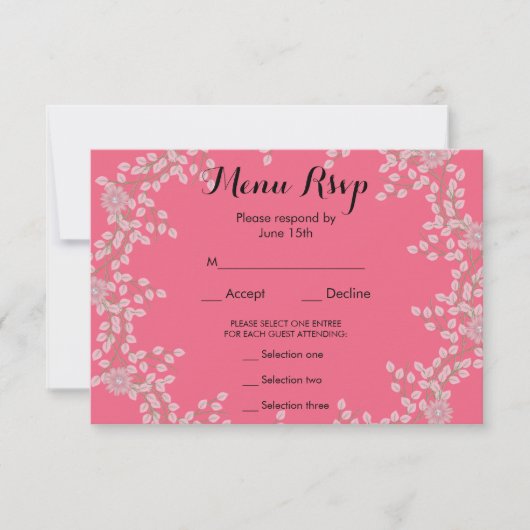 Chic Menu de Mariage RSVP Fleurs Roses et Perles (Devant)