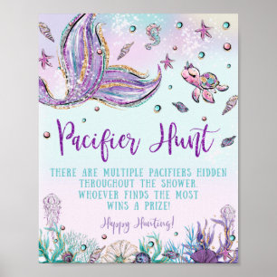 Chic Mermaid Pacifier Hunt Baby shower Game Sign Poster