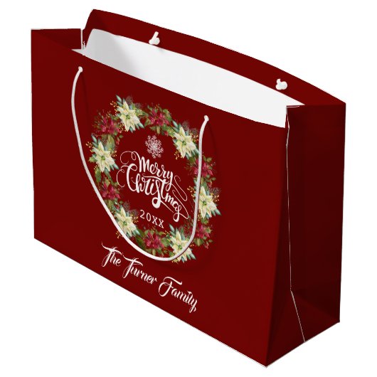 Chic Merry Christmas Poinsettia Monogram Groot Cadeauzakje (Achterkant Gekanteld)