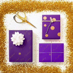 Chic Merry Christmas Script Paarse en gouden Inpakpapier Vel