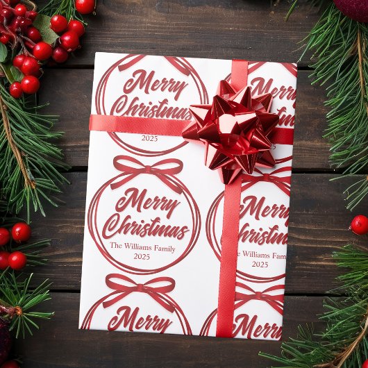 Chic Merry Christmas Script Red Ribbon Bow Cadeaupapier