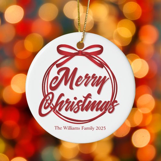 Chic Merry Christmas Script Red Ribbon Bow Keramisch Ornament