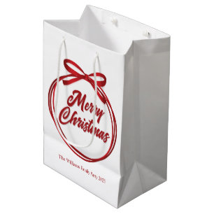 Chic Merry Christmas Script Red Ribbon Bow Medium Cadeauzakje