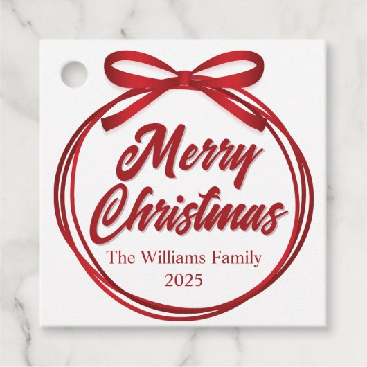 Chic Merry Christmas Script Red Ribbon Bow Party Bedankjes Labels (Voorkant)