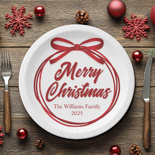Chic Merry Christmas Script Red Ribbon Bow Party Papieren Bordje