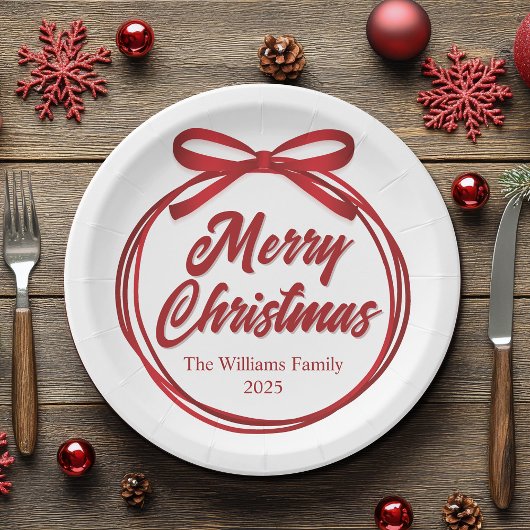 Chic Merry Christmas Script Red Ribbon Bow Party Papieren Bordje