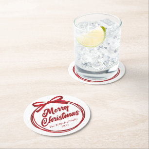 Chic Merry Christmas Script Red Ribbon Bow Party Ronde Kartonnen Onderzetter