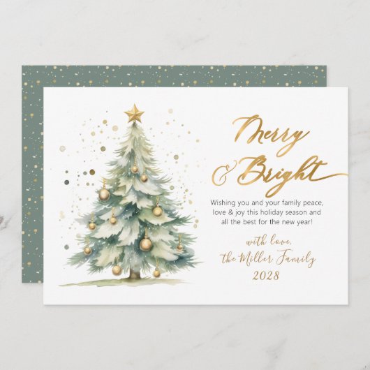 Chic Merry en Bright Gold Script Kerstboom Feestdagenkaart (Voorkant / Achterkant)