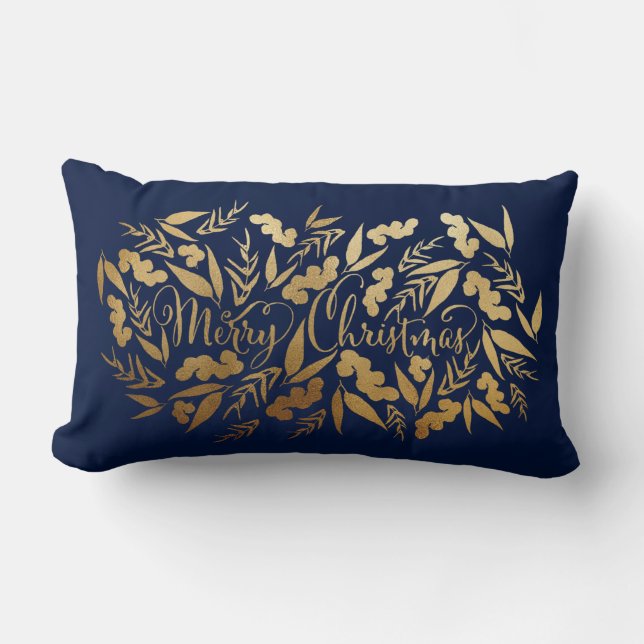 Chic Merry Gold Navy Blue Eucalyptus Kussen (Voorkant)