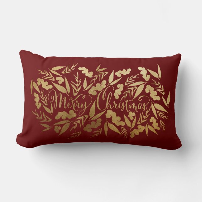 Chic Merry Kerstmis Gold Burgundy Eucalyptus Kussen (Voorkant)