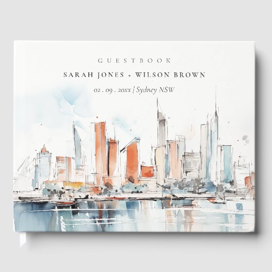 Chic Miami Florida Skyline Waterverf bruiloft Gastenboek (Voorkant)