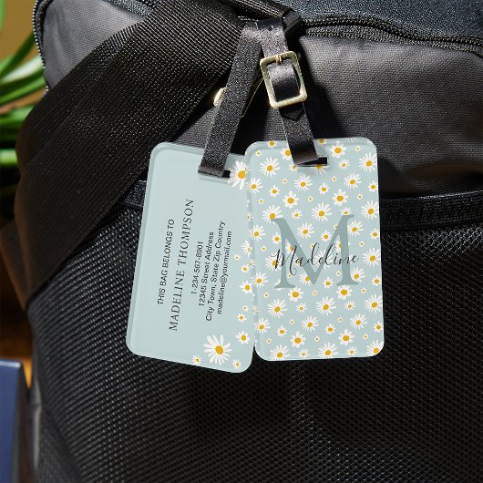 Chic Minimal Daisy Turquoise Script Monogram Bagagelabel