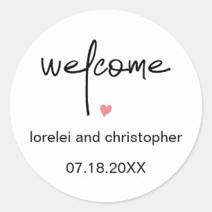 Chic-minimalistische lettertype, welkomstwoord en ronde sticker