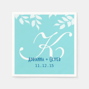 Chic Mint Blauw Wit Bladeren Huwelijk Monogram Servetten