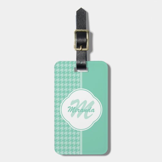 Chic Mint Green Houndstooth met monogram en naam Bagagelabel (Voorkant verticaal)