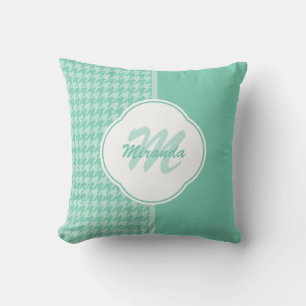 Chic Mint Green Houndstooth met monogram en naam Kussen