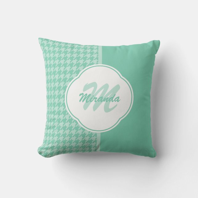 Chic Mint Green Houndstooth met monogram en naam Kussen (Voorkant)