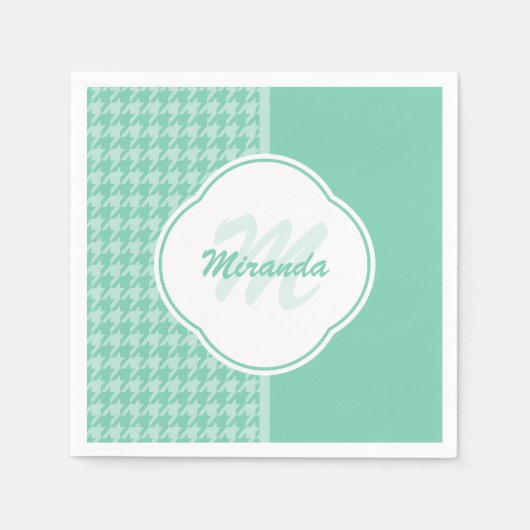 Chic Mint Green Houndstooth met monogram en naam Servet (Voorkant)