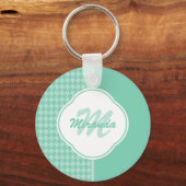 Chic Mint Green Houndstooth met monogram en naam Sleutelhanger (Voorkant)