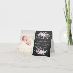 Chic Mint Green & Pink Flowers Birth Announding Feestdagen Kaart