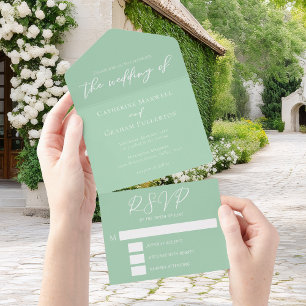 Chic Mint Green White Garden Wedding All In One Uitnodiging
