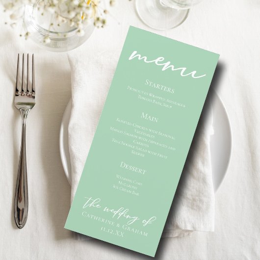 Chic Mint Groen Wit Typografie Trouwdiner Menu