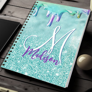 Chic mint ombre glitter unicorn druppelt monogram notitieboek