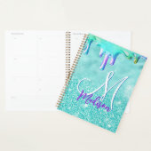 Chic mint ombre glitter unicorn druppelt monogram planner (Display)
