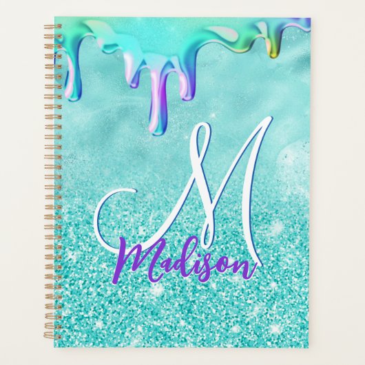 Chic mint ombre glitter unicorn druppelt monogram planner (Voorkant)