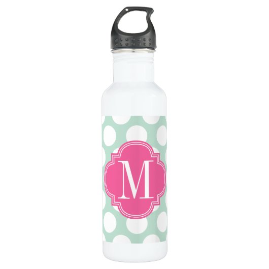 Chic Mint & Pink Big Stippen Monogramed Waterfles (Voorkant)