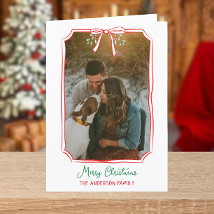 Chic Mistletoe & Bow Custom Familie Foto Kerstmis Feestdagen Kaart