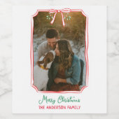 Chic Mistletoe & Bow Custom Familie Foto Kerstmis Wijn Etiket (Enkel label)