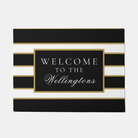 Chic Modern Black White Gold Striped Personated Deurmat (Voorkant)