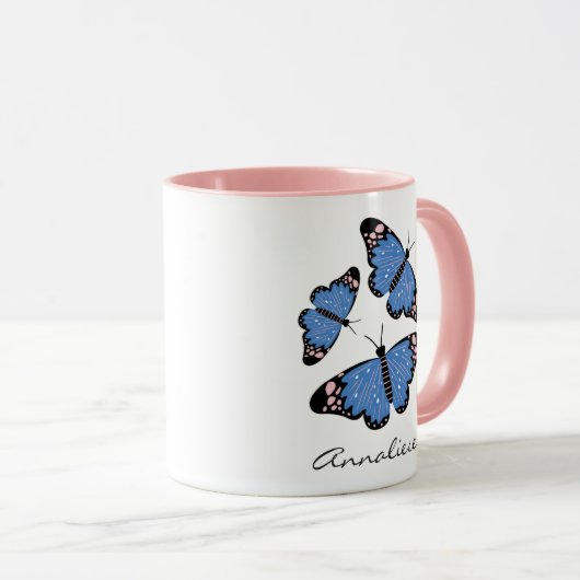 Chic modern blauw Butterfly-ontwerp op maat Mok (Voorkant rechts)
