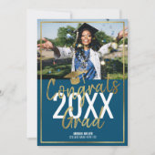 Chic modern blauw en Gold Script-Afstuderen Aankondiging (Voorkant)