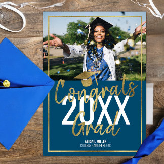 Chic modern blauw en Gold Script-Afstuderen Aankondiging
