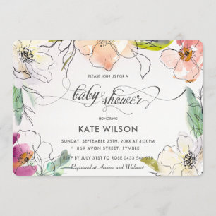 Chic Modern Elegant Waterverf Floral Baby shower Kaart