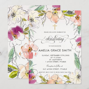 Chic Modern Elegant Waterverf Floral Christening Kaart