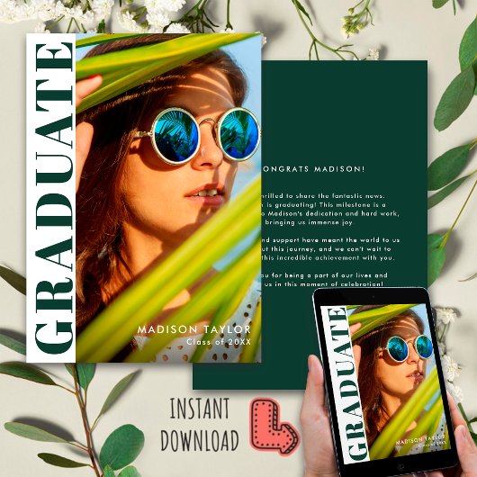 Chic Modern Emerald Groen Wit Foto Afstuderen Aankondiging