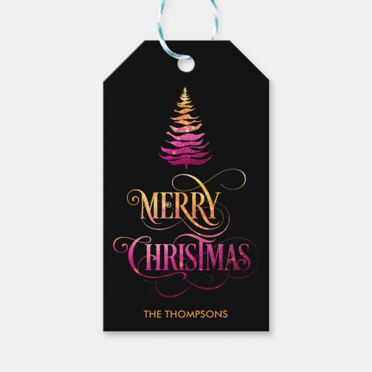 Chic Modern Glitter Pine Tree Merry Christmas Cadeaulabel (Voorkant)