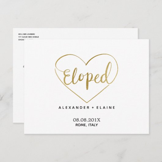 Chic Modern Gold Heart Elopement Weddenschap Briefkaart (Voorkant / Achterkant)