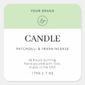 Chic Modern Logo Soft Green Candle Productlabel Vierkante Sticker (Voorkant)