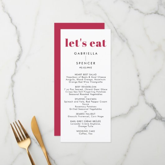 Chic Modern Magenta Red White Monogram Weddenschap Menu (Voorkant / Achterkant in situ)