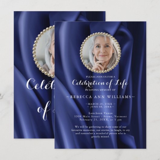 Chic Modern Navy Silky Photo Celebration of Life Kaart (Voorkant / Achterkant)