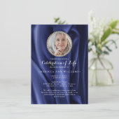 Chic Modern Navy Silky Photo Celebration of Life Kaart (Staand voorkant)