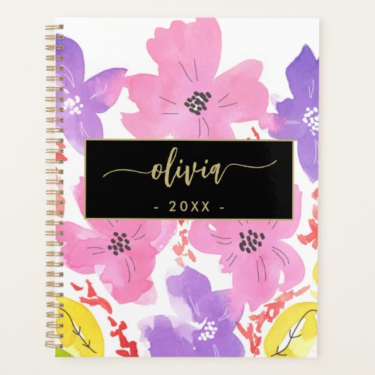 Chic Modern Roze Waterverf Bloemen 2025 Planner (Voorkant)